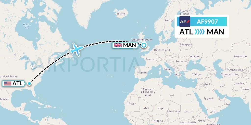 AF9907 Air France Flight Map: Atlanta to Manchester
