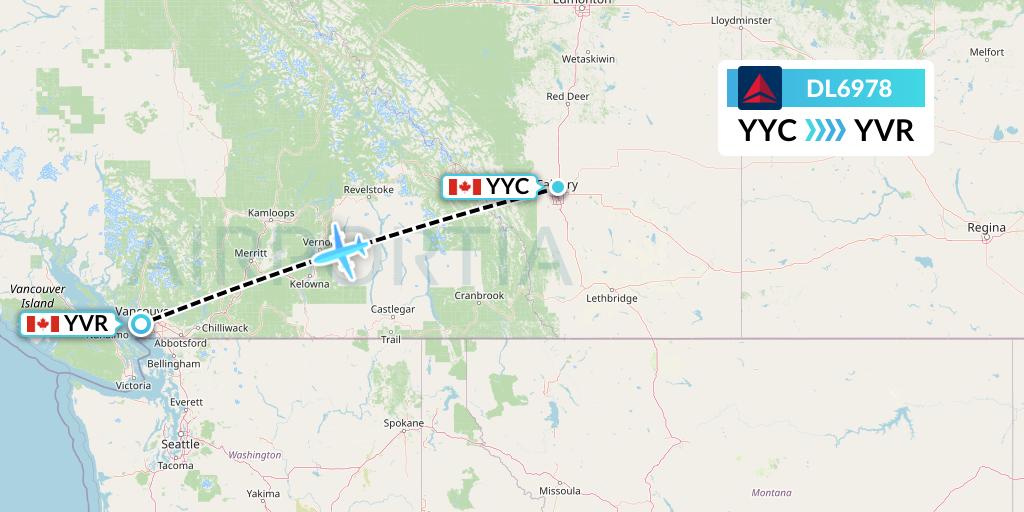 DL6978 Delta Air Lines Flight Map: Calgary to Vancouver