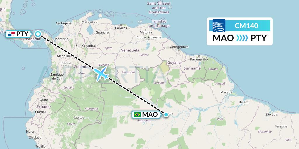 CM140 Copa Airlines Flight Map: Manaus to Panama City