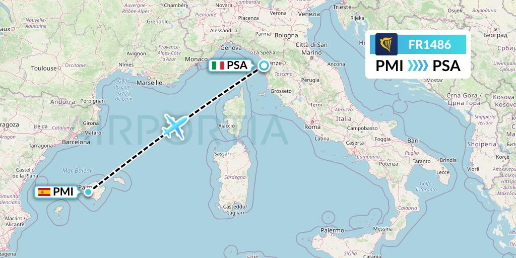 FR1486 Ryanair Flight Map: Palma de Mallorca to Pisa
