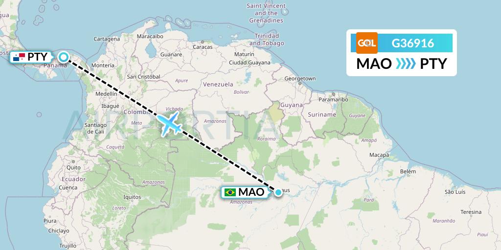 G36916 GOL Transportes Aeros Flight Map: Manaus to Panama City