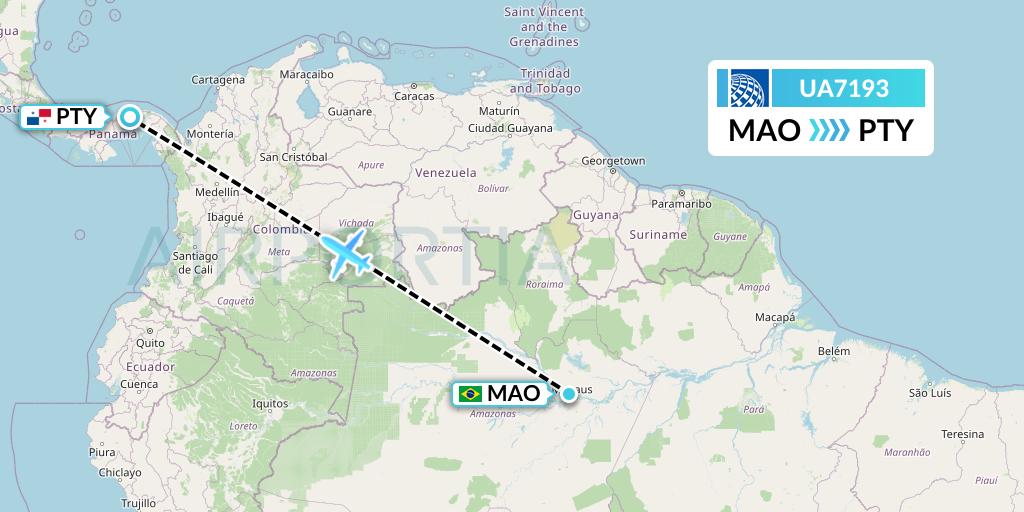 UA7193 United Airlines Flight Map: Manaus to Panama City