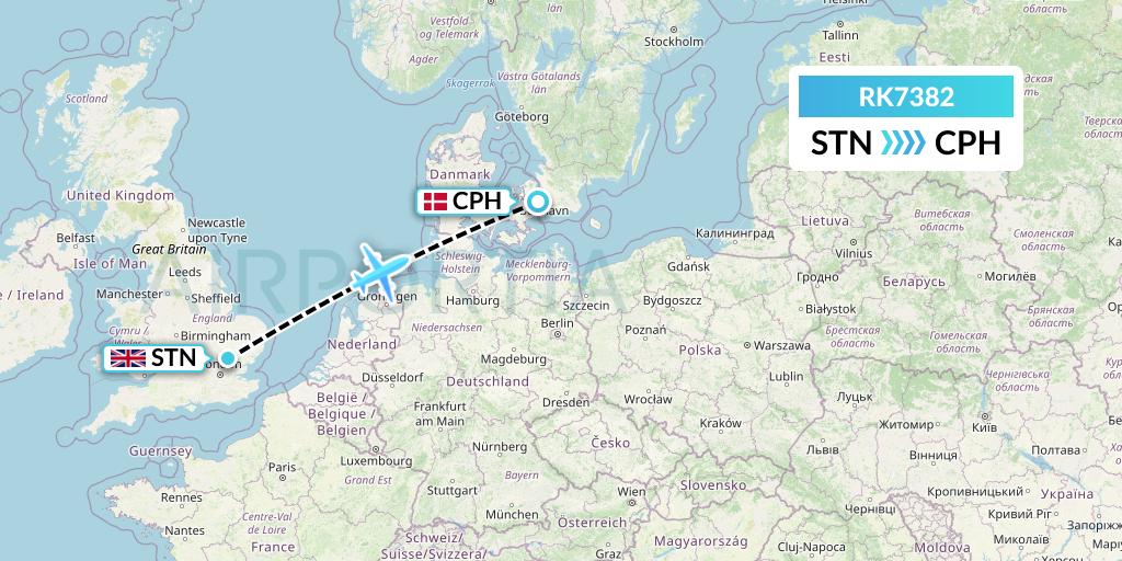 RK7382 Ryanair UK Flight Map: London to Copenhagen