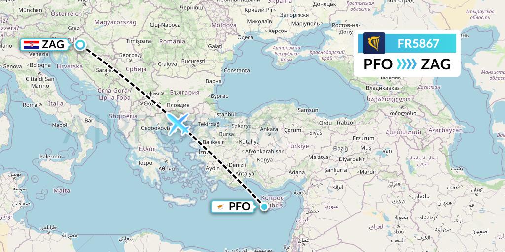 FR5867 Ryanair Flight Map: Pafos to Zagreb