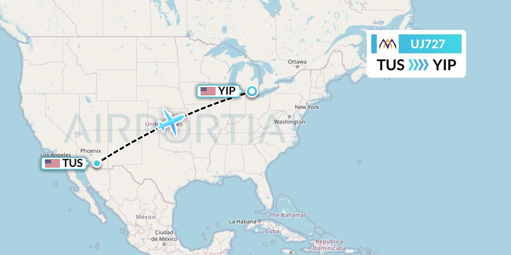 UJ727 AlMasria Universal Airlines Flight Map: Tucson to Detroit