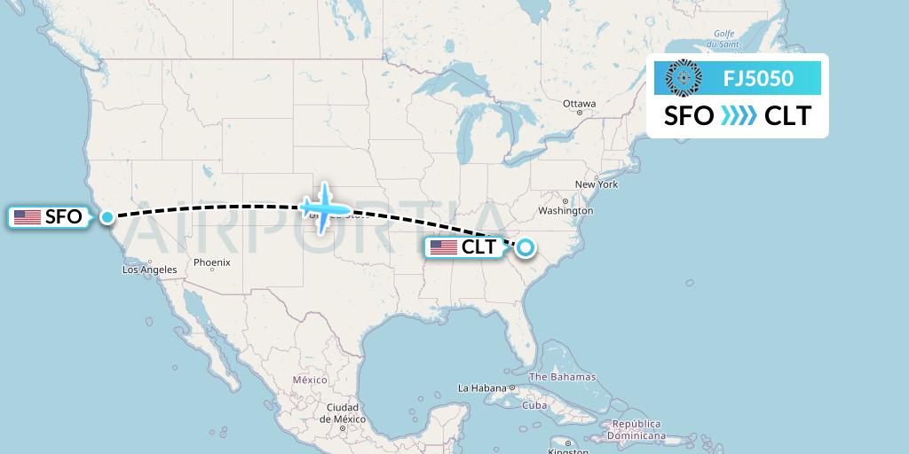 FJ5050 Fiji Airways Flight Map: San Francisco to Charlotte