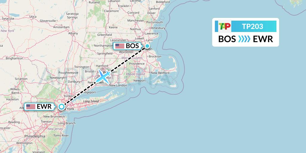 TP203 TAP Portugal Flight Map: Boston to New York