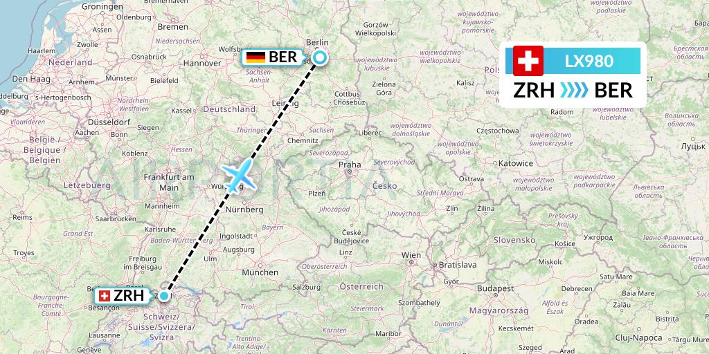 LX980 Swiss Flight Map: Zurich to Berlin