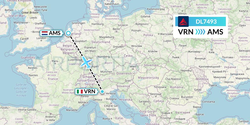 DL7493 Delta Air Lines Flight Map: Verona to Amsterdam