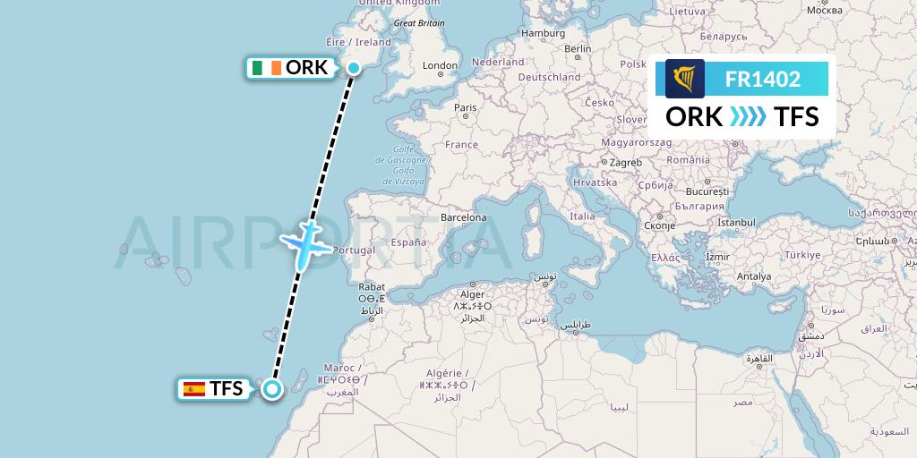 FR1402 Ryanair Flight Map: Cork to Tenerife
