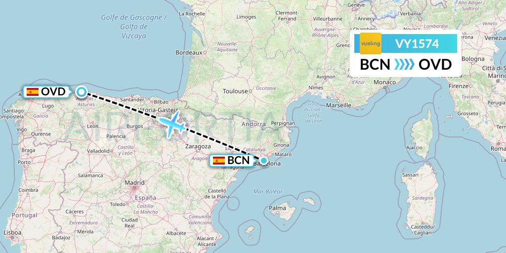 VY1574 Vueling Flight Map: Barcelona to Asturias