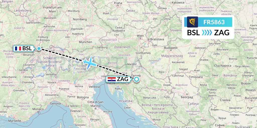 FR5863 Ryanair Flight Map: Basel to Zagreb