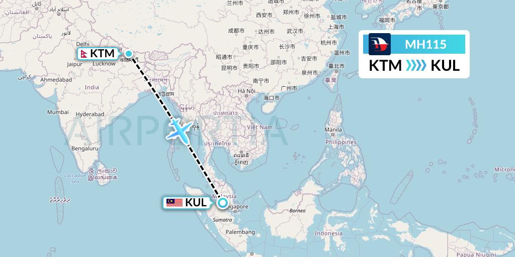 MH115 Malaysia Airlines Flight Map: Kathmandu to Kuala Lumpur