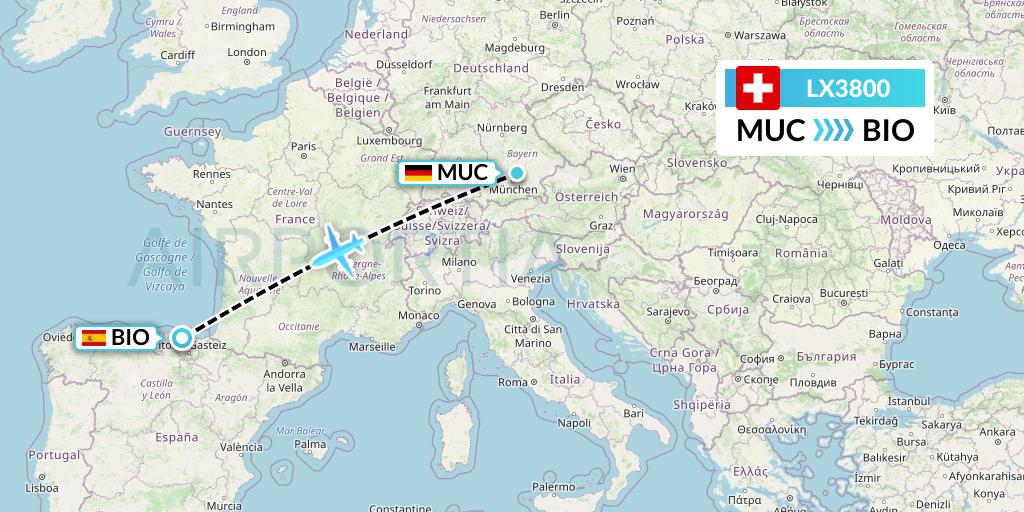 LX3800 Swiss Flight Map: Munich to Bilbao