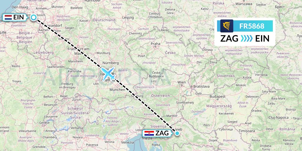 FR5868 Ryanair Flight Map: Zagreb to Eindhoven