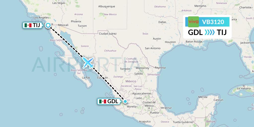 VB3120 VivaAerobus Flight Map: Guadalajara to Tijuana