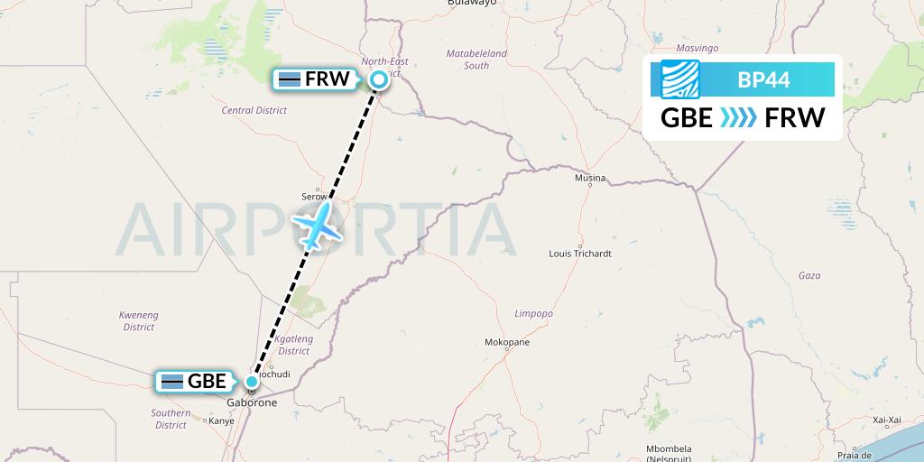 BP44 Air Botswana Flight Map: Gaborone to Francistown
