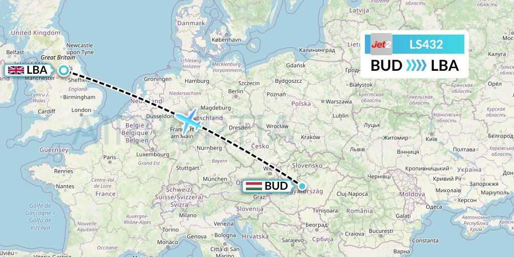 LS432 Jet2 Flight Map: Budapest to Leeds
