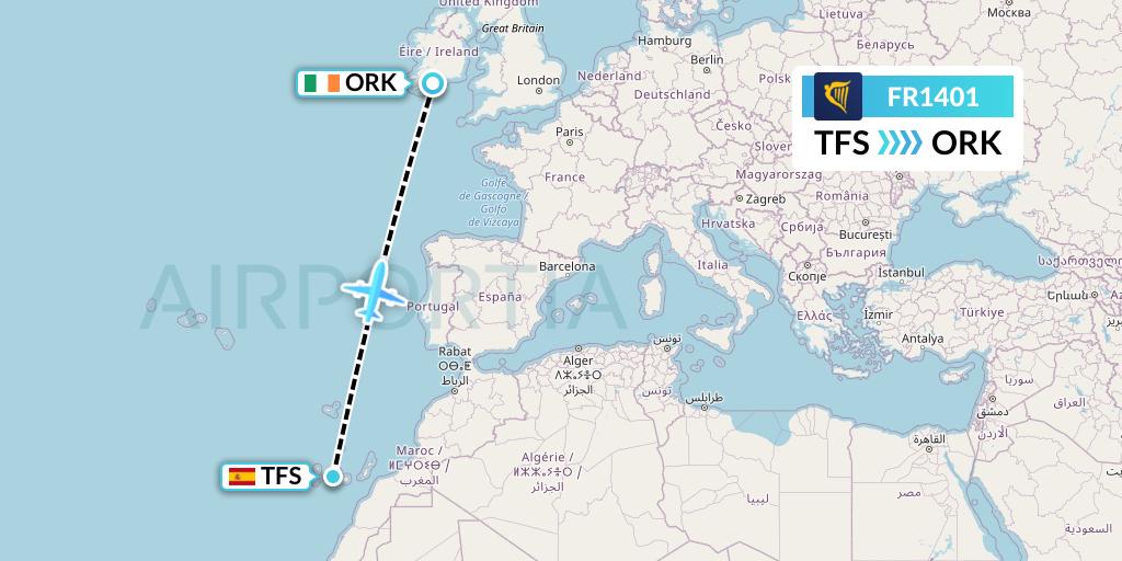 FR1401 Ryanair Flight Map: Tenerife to Cork