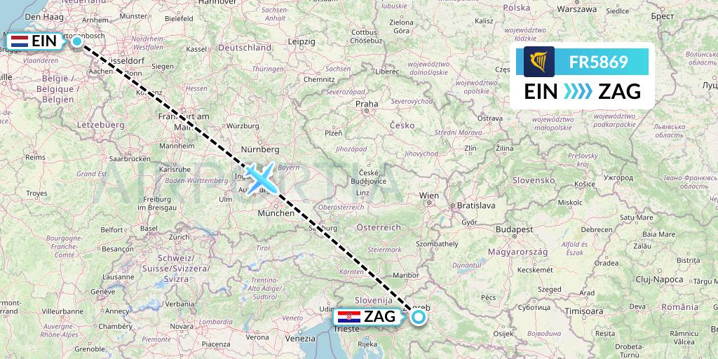 FR5869 Ryanair Flight Map: Eindhoven to Zagreb