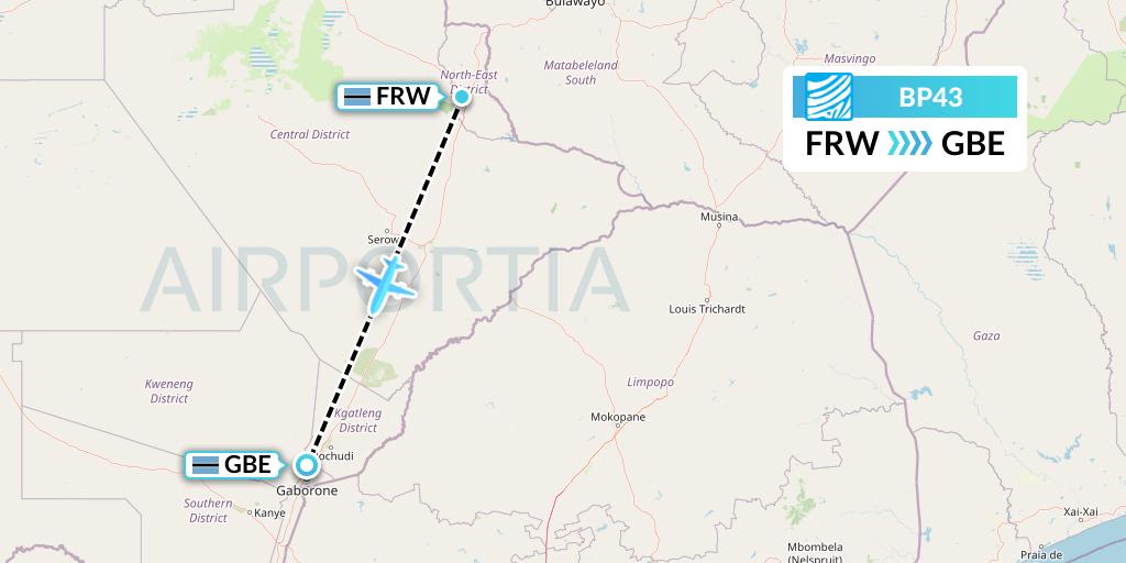 BP43 Air Botswana Flight Map: Francistown to Gaborone