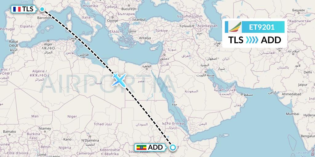ET9201 Ethiopian Airlines Flight Map: Toulouse to Addis Ababa