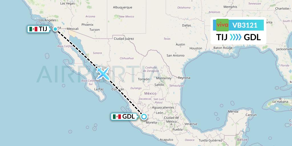 VB3121 VivaAerobus Flight Map: Tijuana to Guadalajara