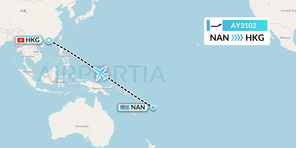 AY3102 Finnair Flight Map: Nadi to Hong Kong