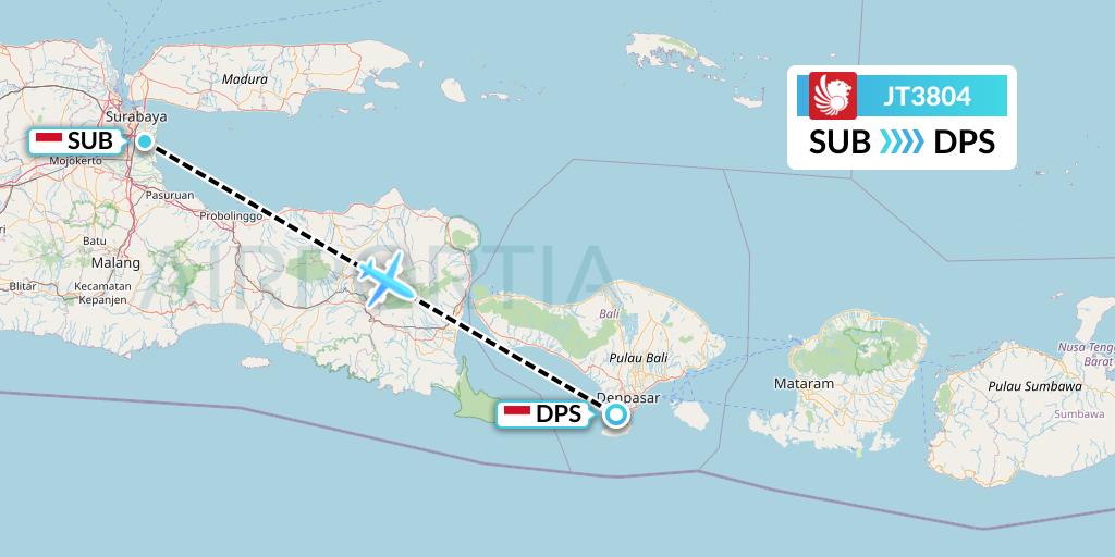 JT3804 Lion Airlines Flight Map: Surabaya to Denpasar