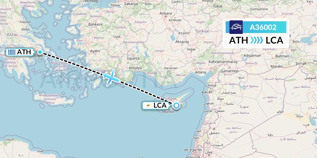 A36002 Aegean Airlines Flight Map: Athens to Larnaca