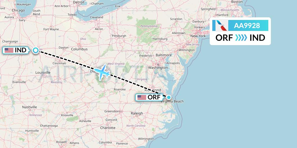 AA9928 American Airlines Flight Map: Norfolk to Indianapolis
