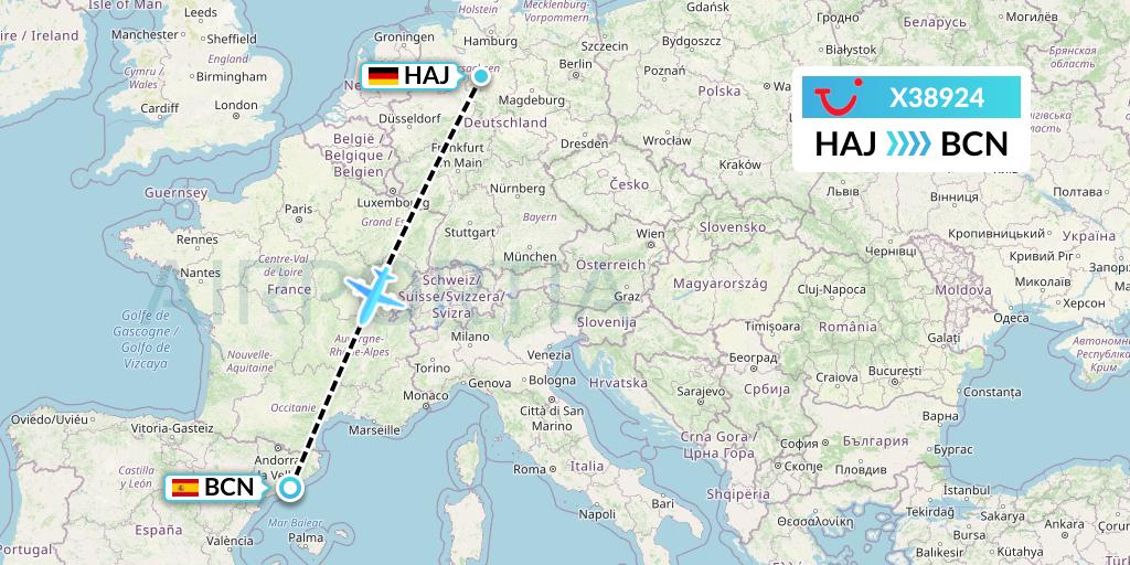 X38924 TUI fly Germany Flight Map: Hannover to Barcelona