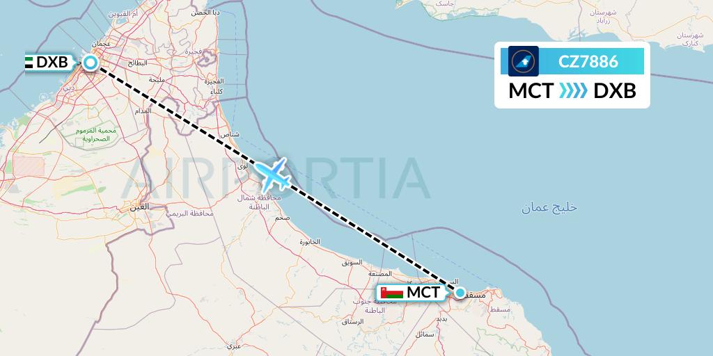 CZ7886 China Southern Airlines Flight Map: Muscat to Dubai