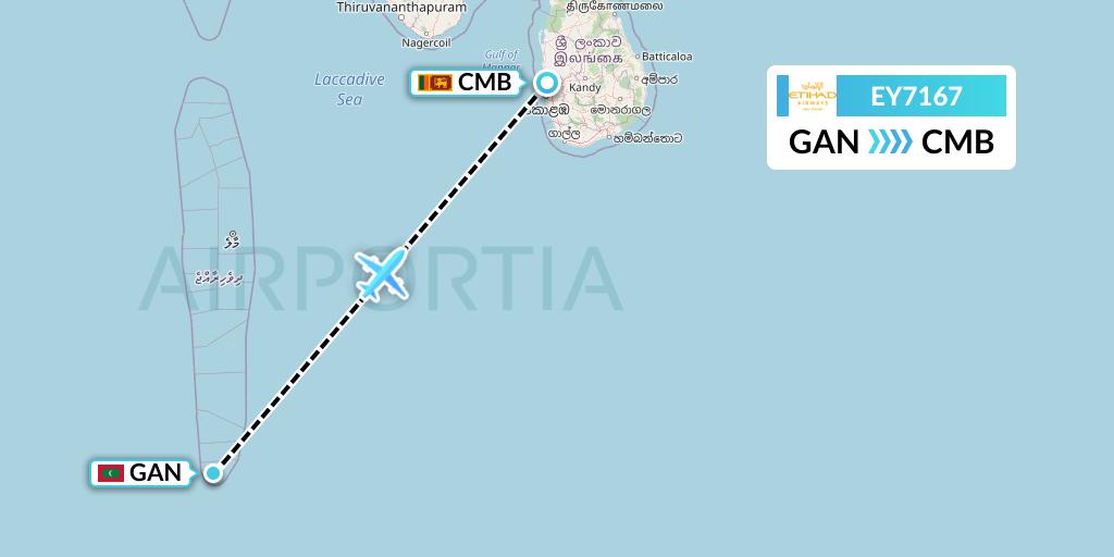 EY7167 Etihad Airways Flight Map: Gan Island to Colombo