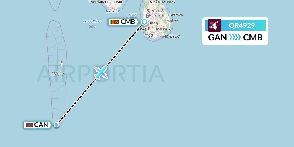 QR4929 Qatar Airways Flight Map: Gan Island to Colombo