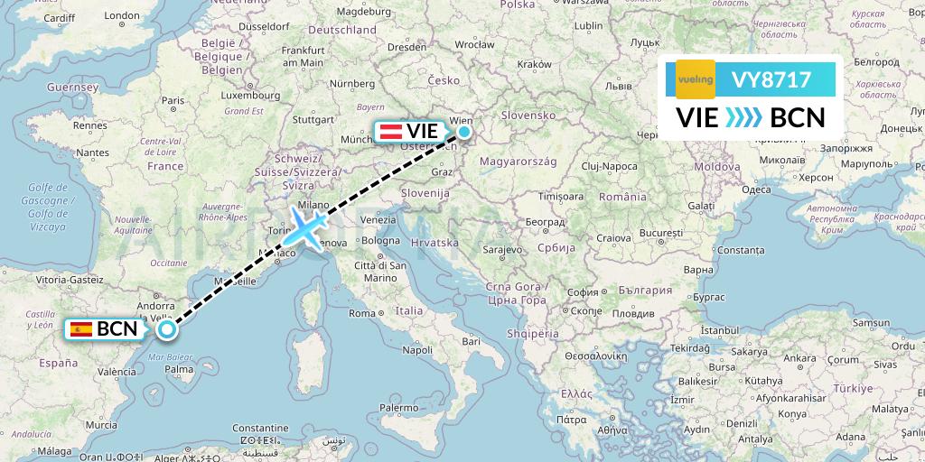 VY8717 Vueling Flight Map: Vienna to Barcelona