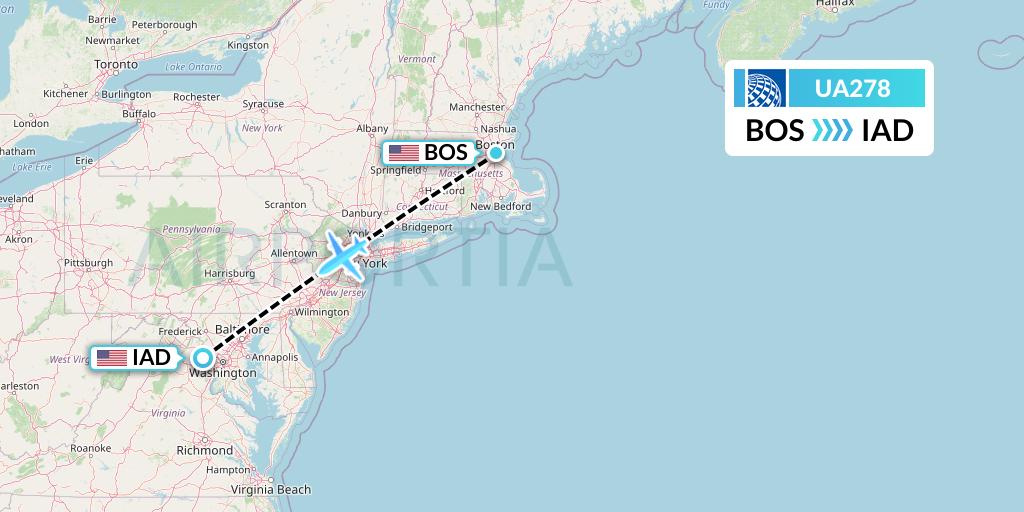 UA278 United Airlines Flight Map: Boston to Washington