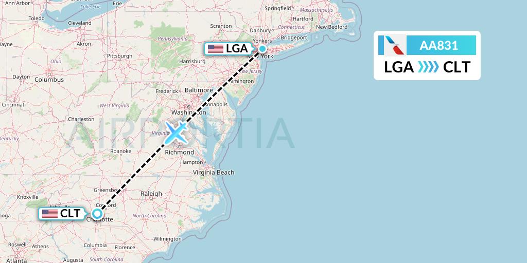 AA831 American Airlines Flight Map: New York to Charlotte