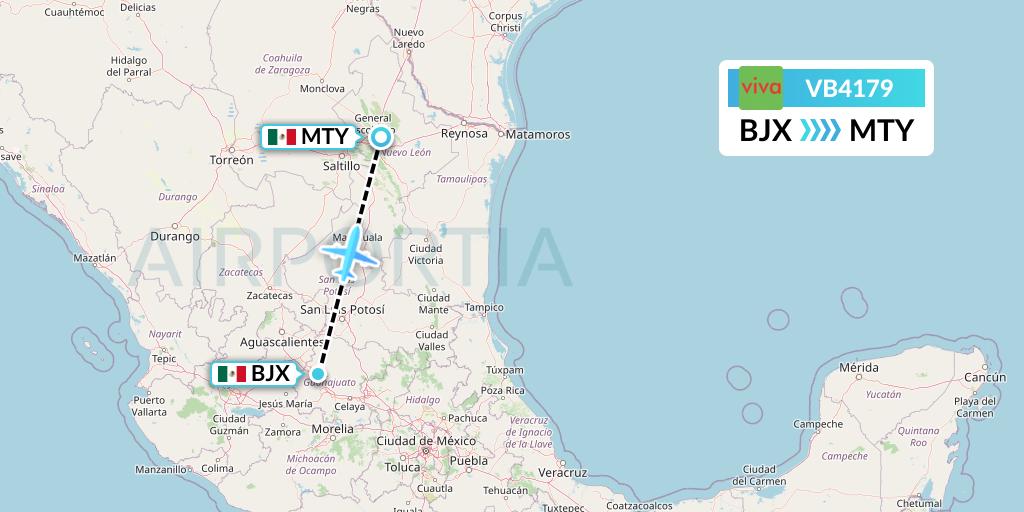 VB4179 VivaAerobus Flight Map: Silao to Monterrey