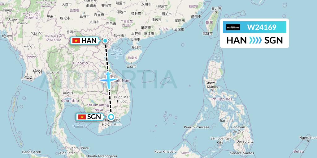 W24169 Flex Flight Flight Map: Hanoi to Ho Chi Minh City