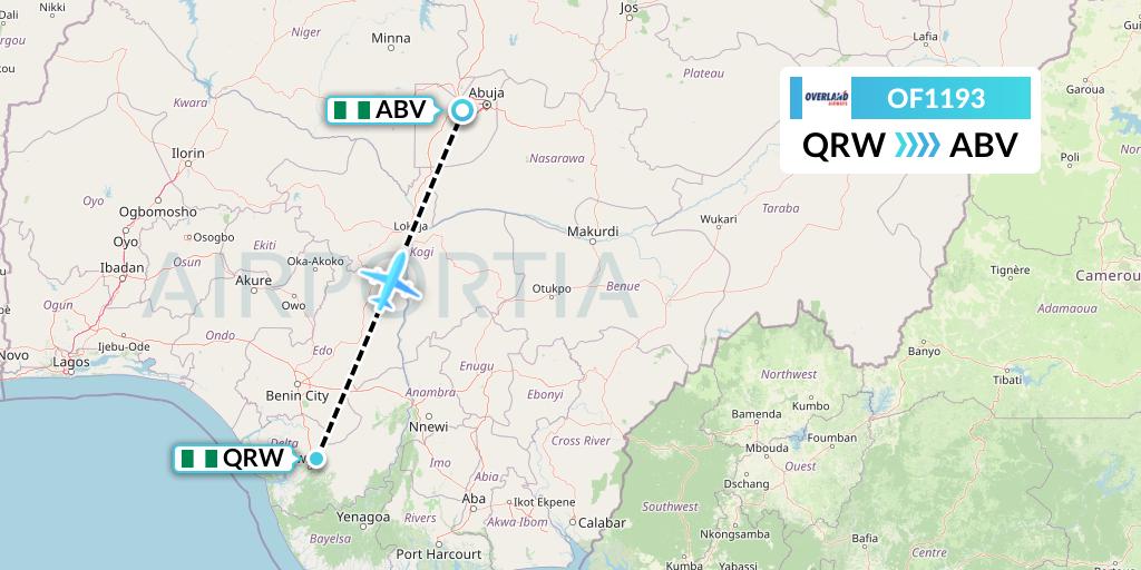 OF1193 Overland Airways Flight Map: Warri to Abuja