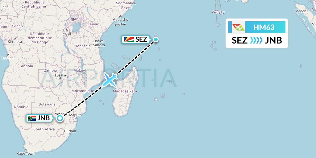 HM63 Air Seychelles Flight Map: Victoria to Johannesburg