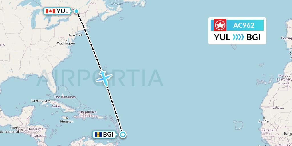 AC962 Air Canada Flight Map: Montreal to Bridgetown