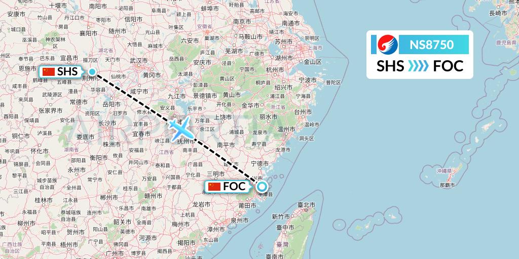 NS8750 Hebei Airlines Flight Map: Shashi to Fuzhou