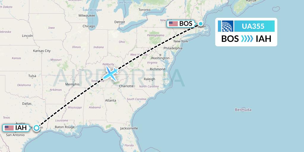 UA355 United Airlines Flight Map: Boston to Houston