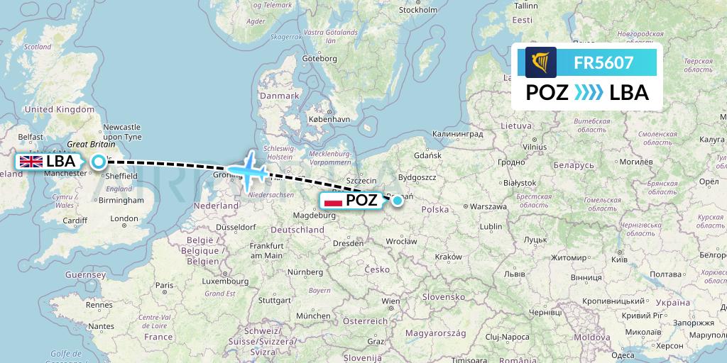 FR5607 Ryanair Flight Map: Poznan to Leeds