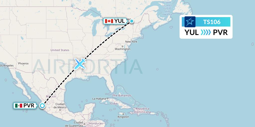 TS106 Air Transat Flight Map: Montreal to Puerto Vallarta