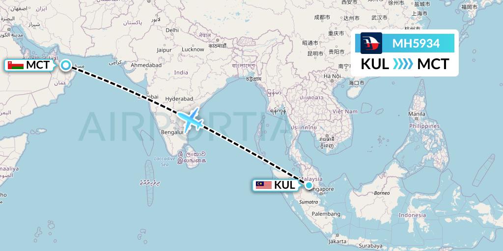 MH5934 Malaysia Airlines Flight Map: Kuala Lumpur to Muscat