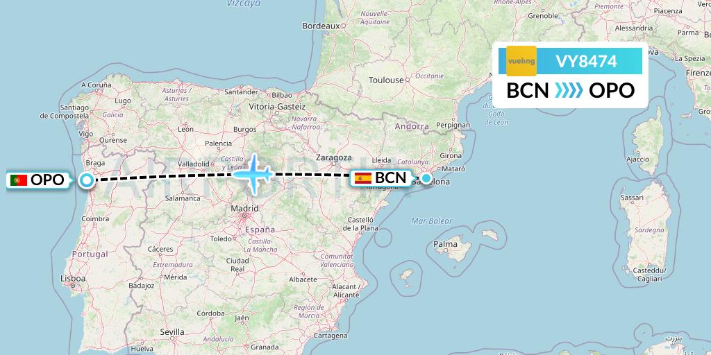VY8474 Vueling Flight Map: Barcelona to Porto