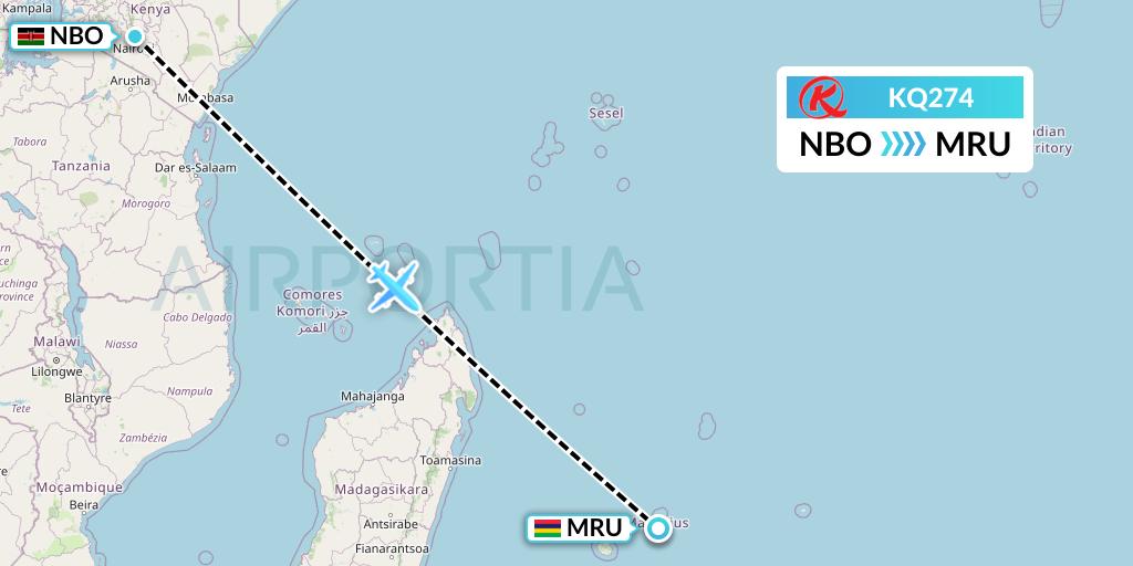 KQ274 Kenya Airways Flight Map: Nairobi to Port Louis